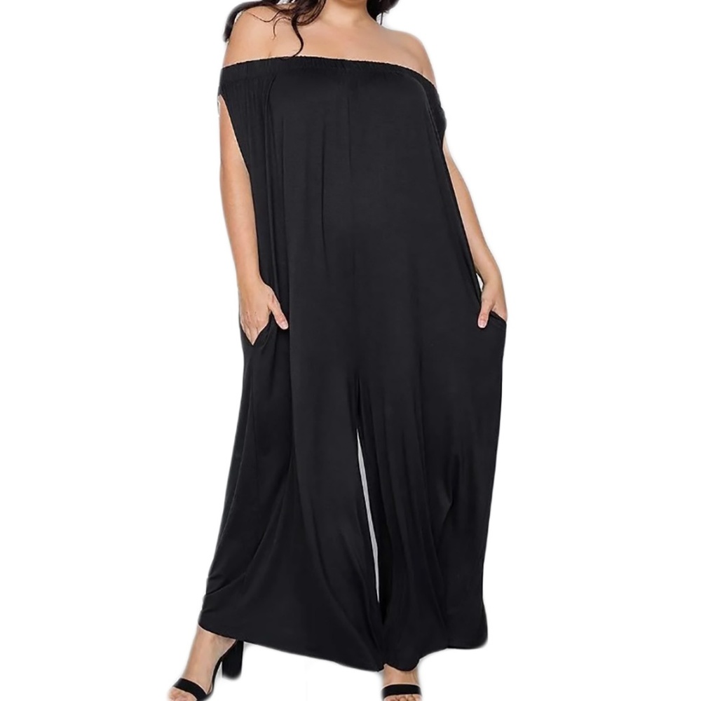 Black Oversized Off Shoulder Plus Size Jumpsuit - Picture 2 of 5